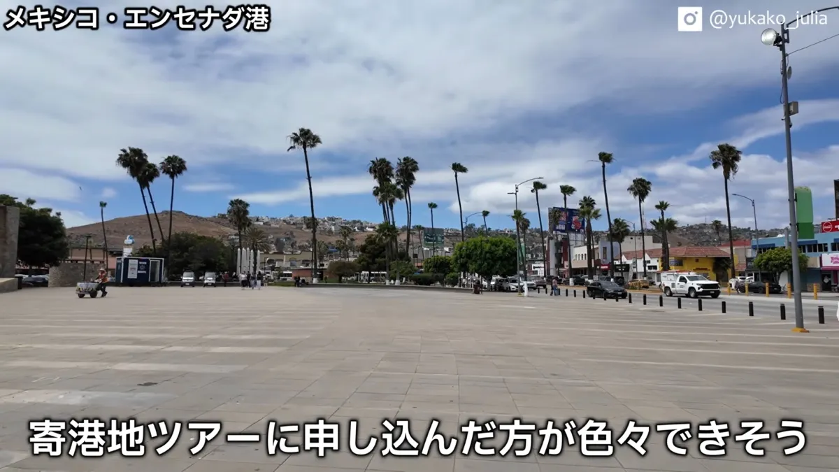 メキシコ・エンセナダ港の広場とヤシの並木