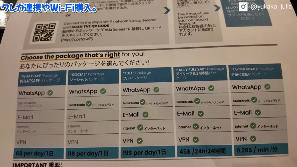 船内Wi-Fiパッケージの料金表