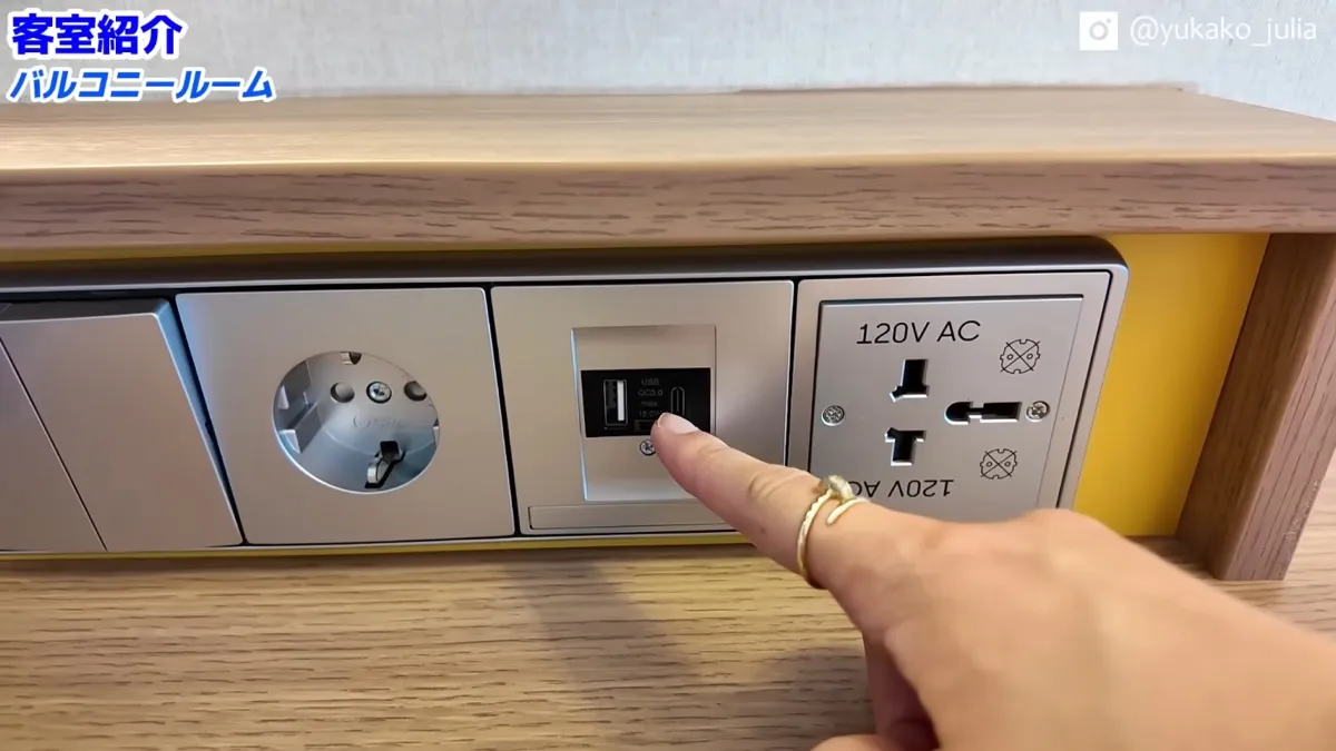 客室の電源。ヨーロッパタイプ、USB、120Vの世界対応コンセントが並ぶ