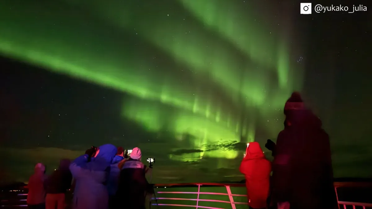 4日目の夜、ナルヴィク沖で船のデッキから見た空一面の緑のオーロラ